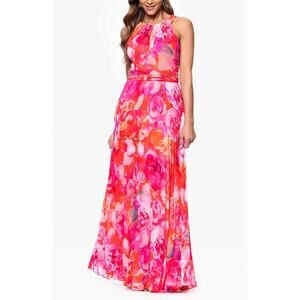 Xscape Evenings Women's Keyhole Pleated Chiffon Maxi Dress Pink Size 4P NWT